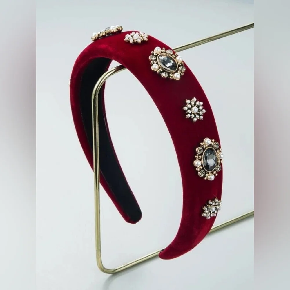 Elegant Baroque Red Velvet Embellished Headband